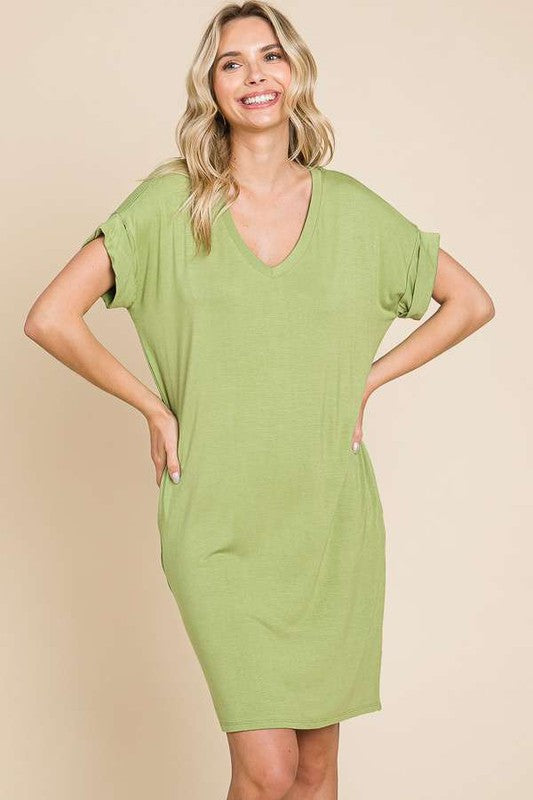 Relaxed V Neck T Shirt Dress OLIVE