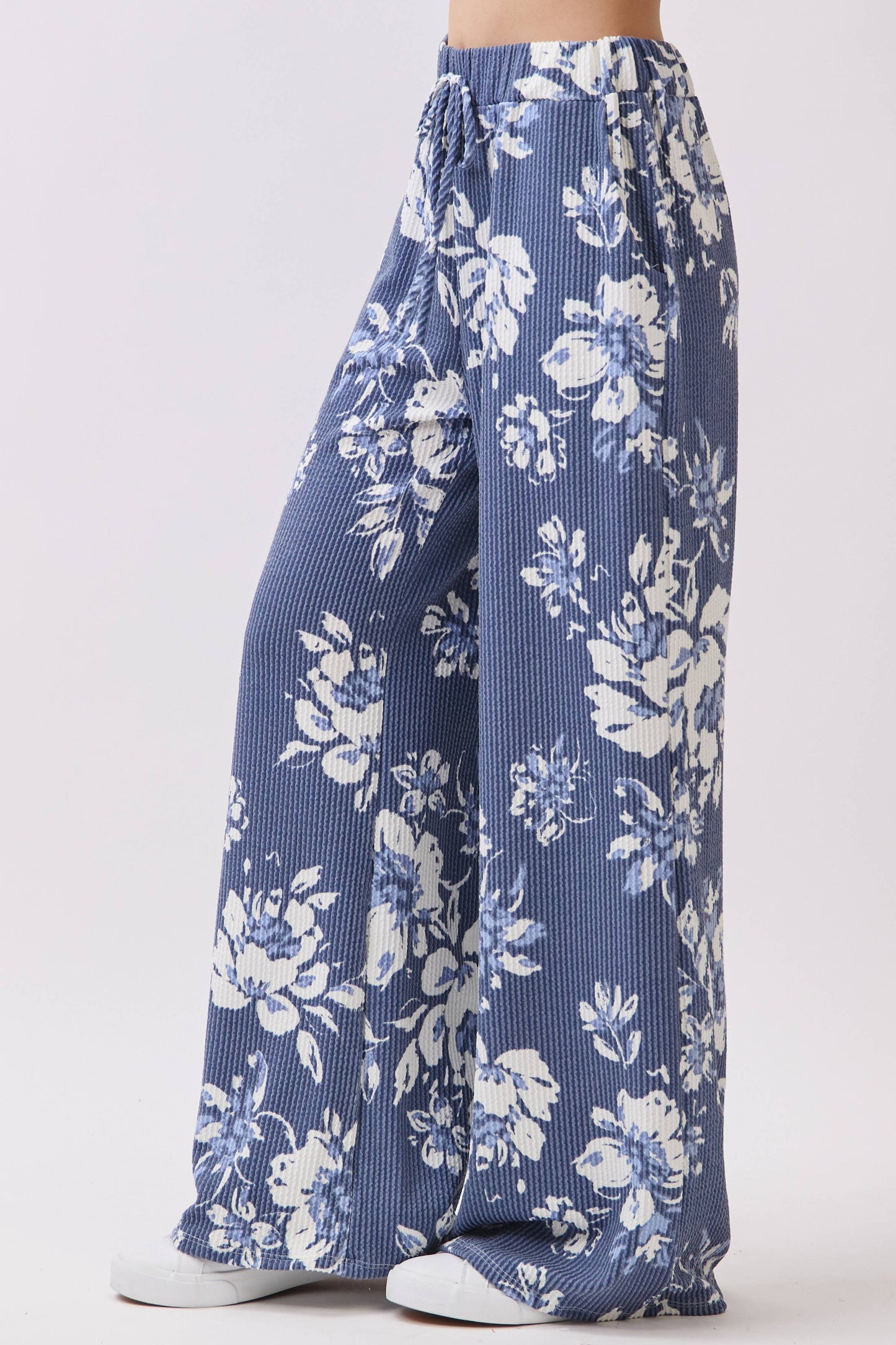 Floral Rib Knit Wide-Leg Pants BLUE