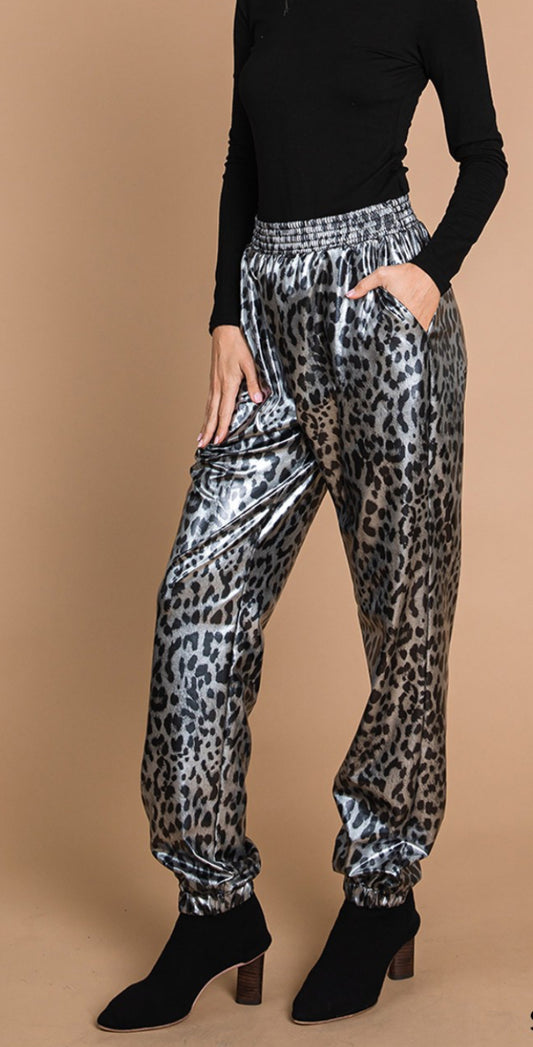 Faux Leopard Print Pants SILVER