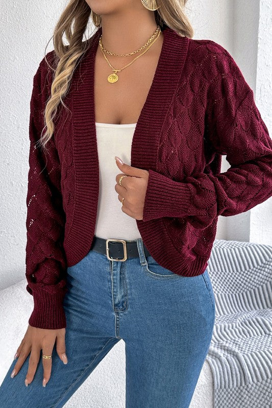 Cropped Pointelle Knit Cardi WINE