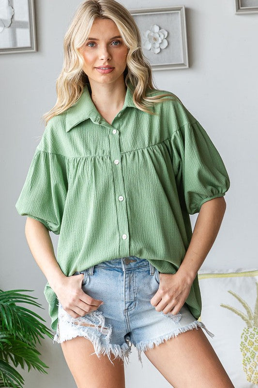 Shirred Button Down Blouse AVOCADO