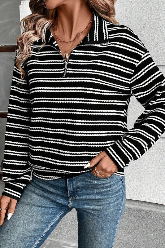 Stripe Textured Quarter Zip Collar BLACK