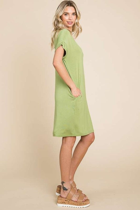 Relaxed V Neck T Shirt Dress OLIVE