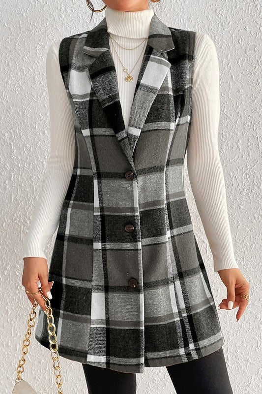 Long Line Placket Plaid Vest BLACK