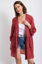Load image into Gallery viewer, Semi Sheer Double Ruffle Cardi RED VLVT
