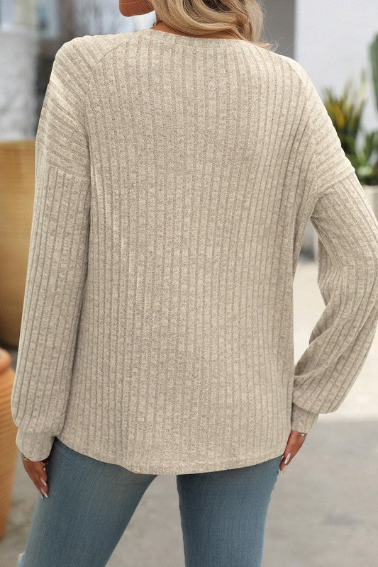 Button Detail Ribbed Henley OATMEAL