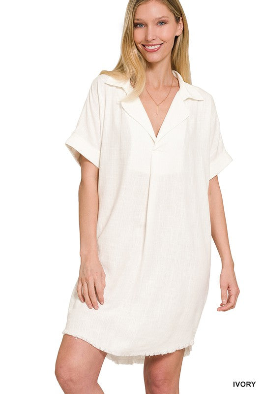 Matea Frayed Shirt Dress IVORY