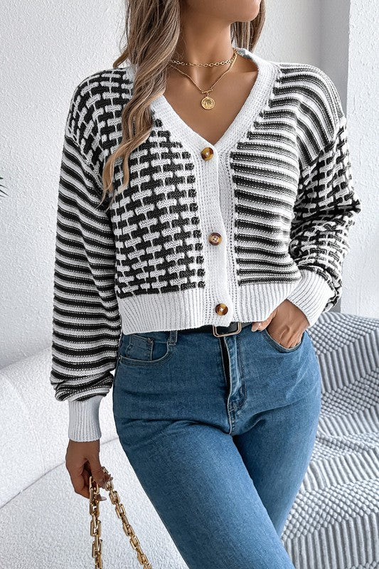 Checked/Stripe Cardi Sweater B&W