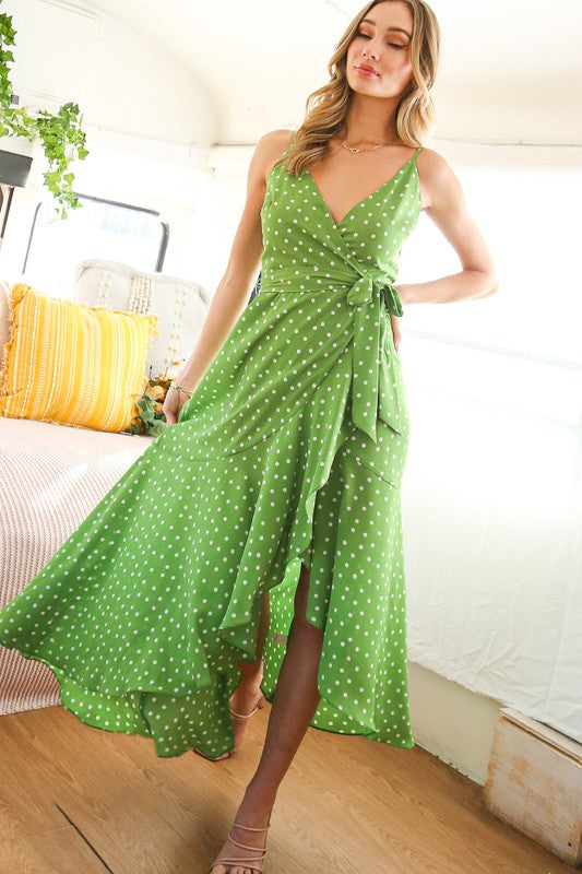 Dot Print Long Wrap Dress GREEN