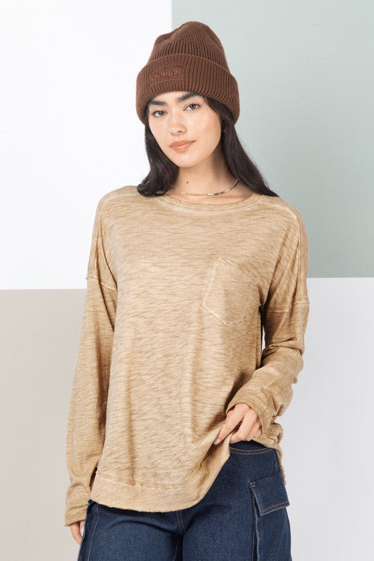 Raw Edge Washed Knit Top TAUPE