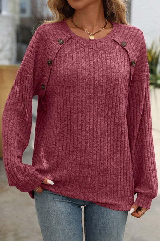 Button Detail Ribbed Henley BERRY