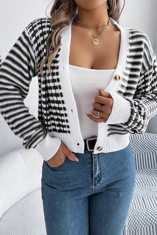 Checked/Stripe Cardi Sweater B&W