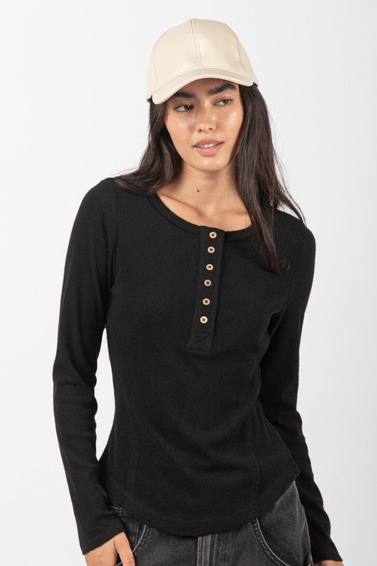 Soft Brushed Henley Knit BLACK