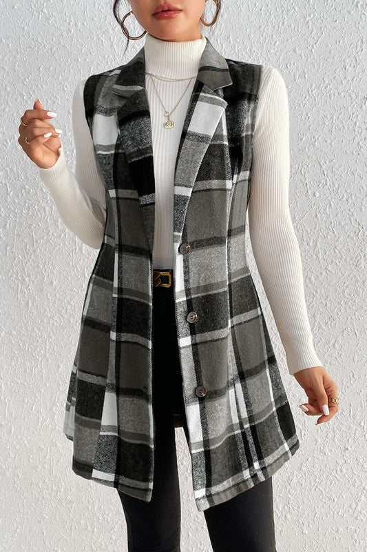 Long Line Placket Plaid Vest BLACK