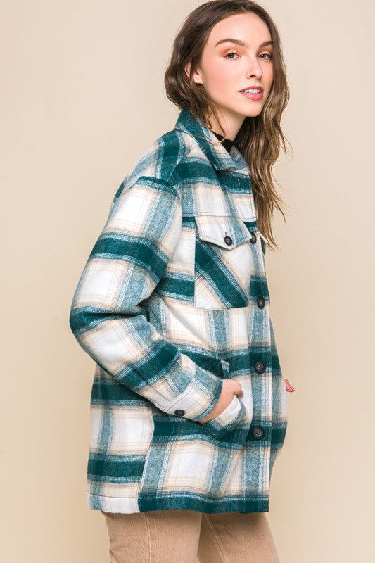 Plaid Shacket With Sherpa Lining TEAL