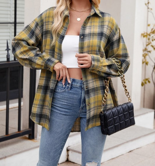 Plaid Print Drop Shoulder Shirt GOLD