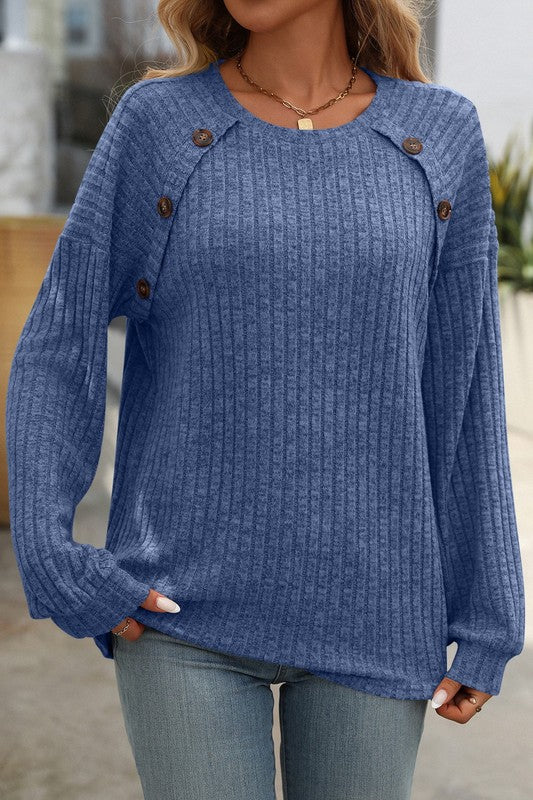 Button Detail Ribbed Henley BLUE