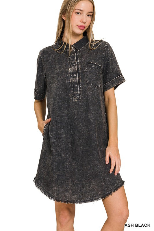 Washed Linen Raw Edge Dress BLACK