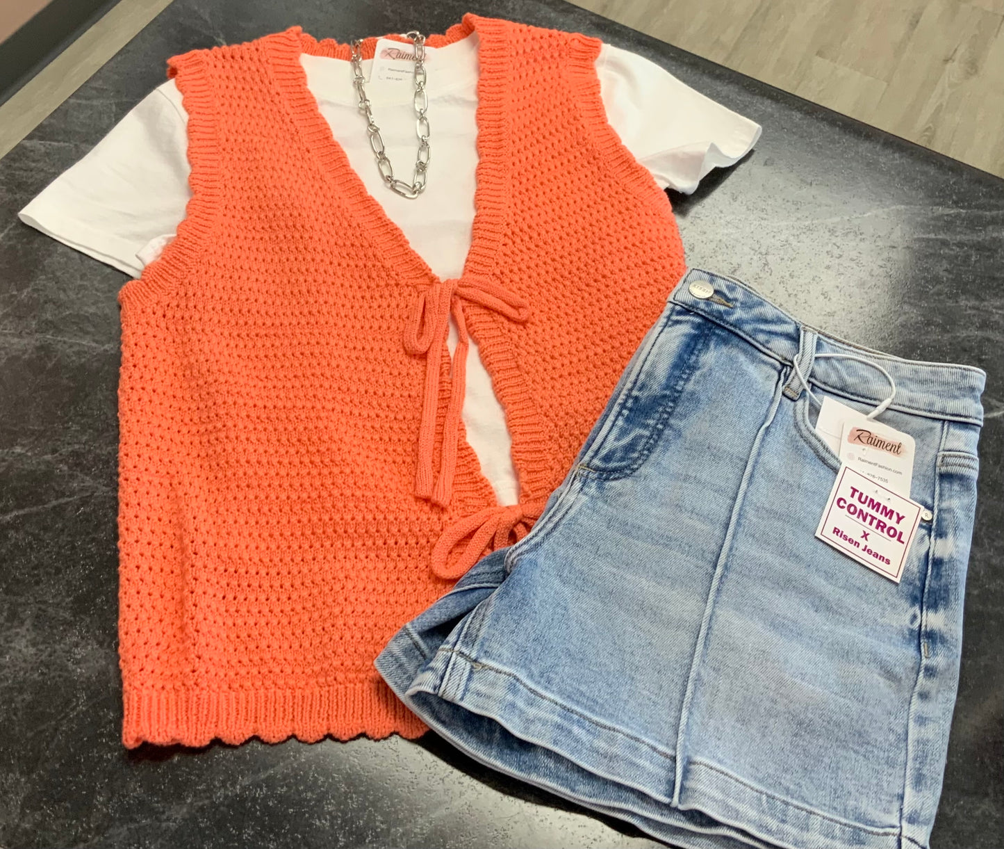 Scalloped Edge Bow Cardigan PAPAYA