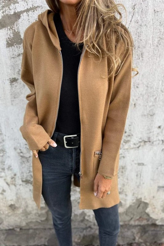 Cardi Length Zip Hoodie Jacket CAMEL