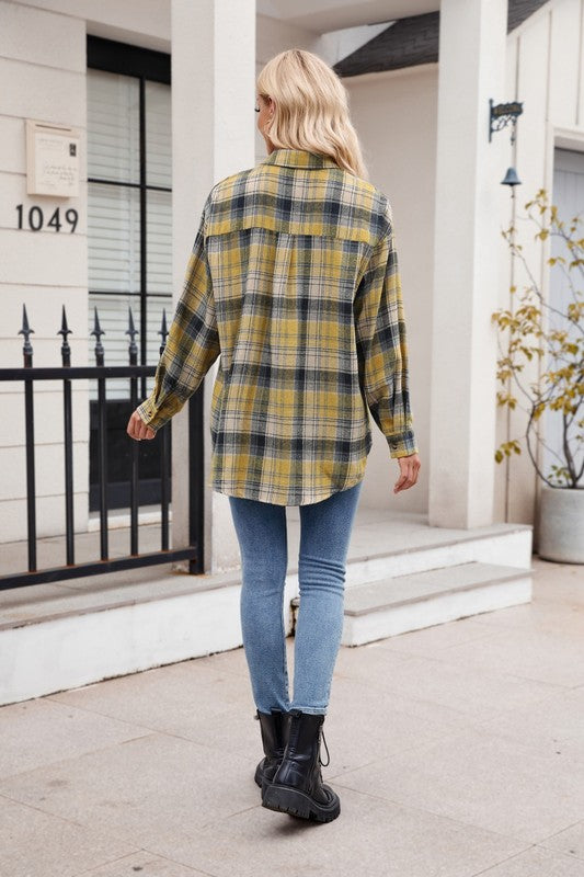 Plaid Print Drop Shoulder Shirt GOLD