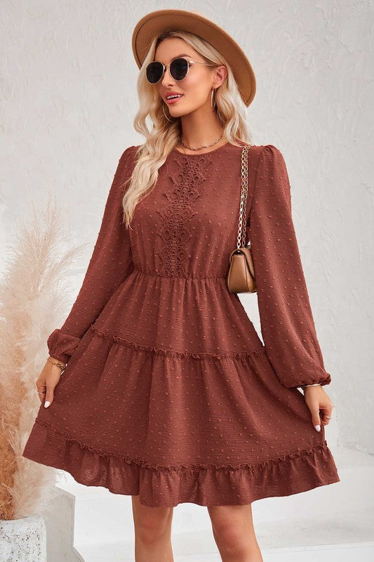 Swiss Dot Ruffle Dress BRICK