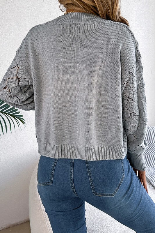 Cropped Pointelle Knit Cardi GREY