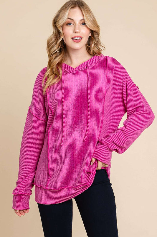 Les Solid Ribbed Hoodie FUCHSIA