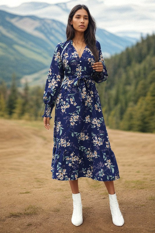 Camielle Floral Belted Dress NAVY