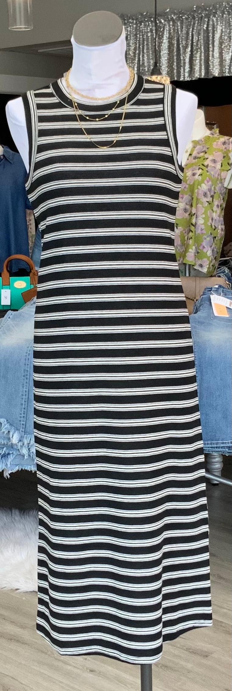 Back Detail Stripe Midi Dress B&W