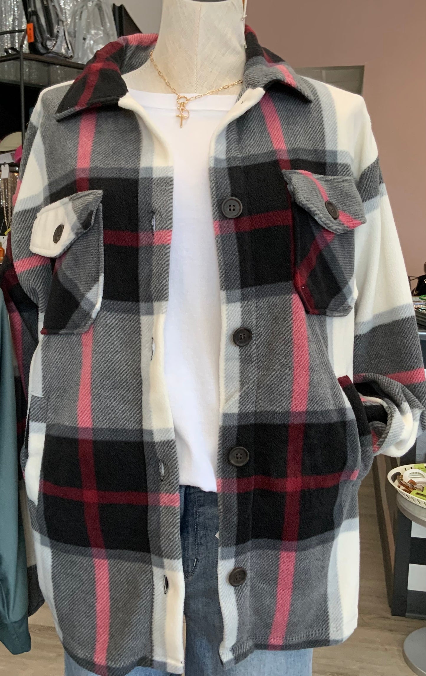 Plaid Fleece Shacket BLACK