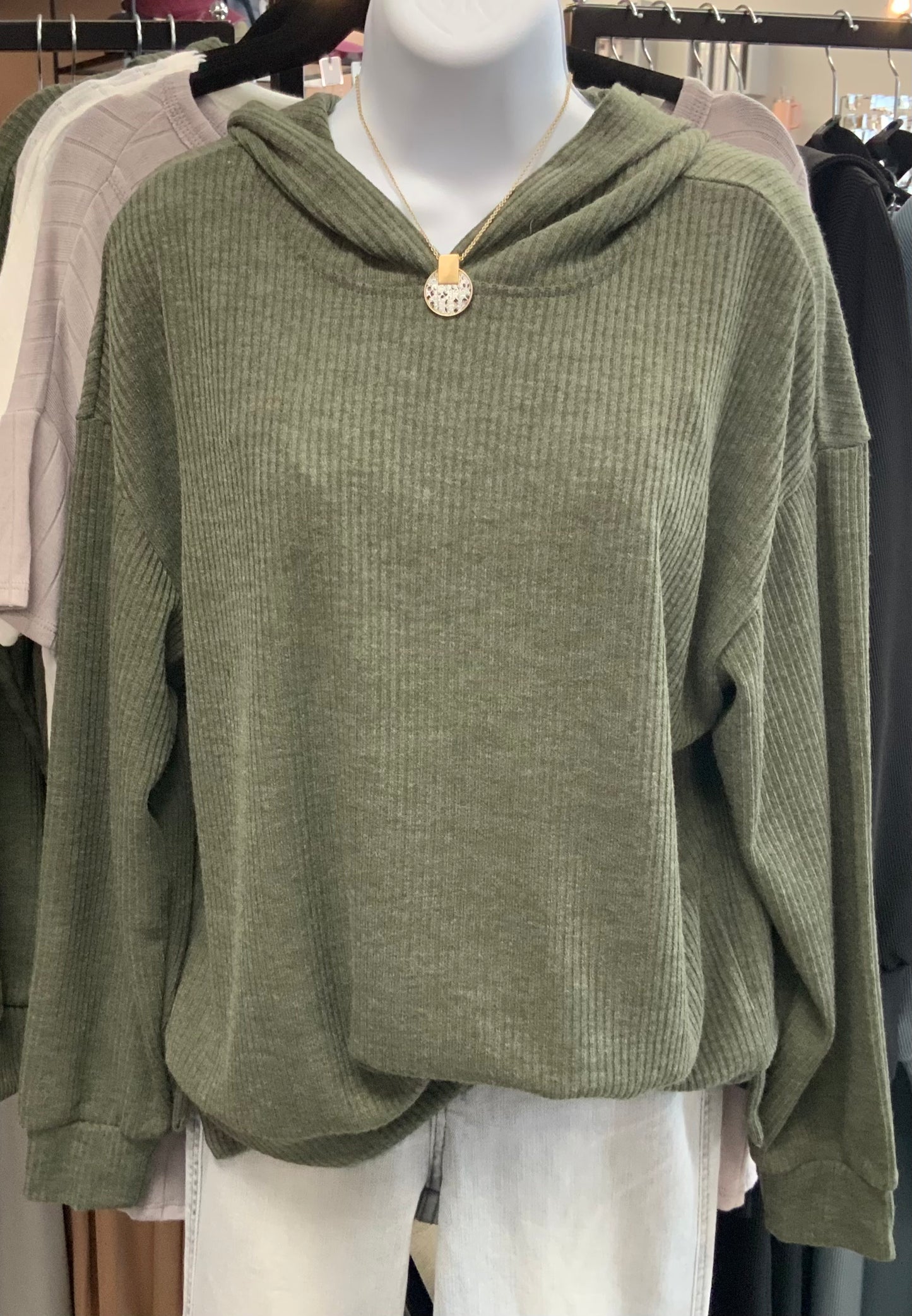 Ribbed Hoodie Pullover OLIVE