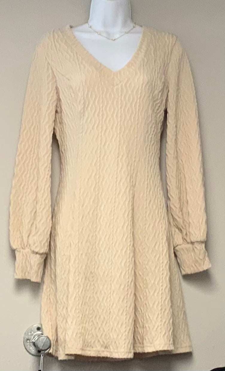 Textured V~Neck Midi Dress BEIGE