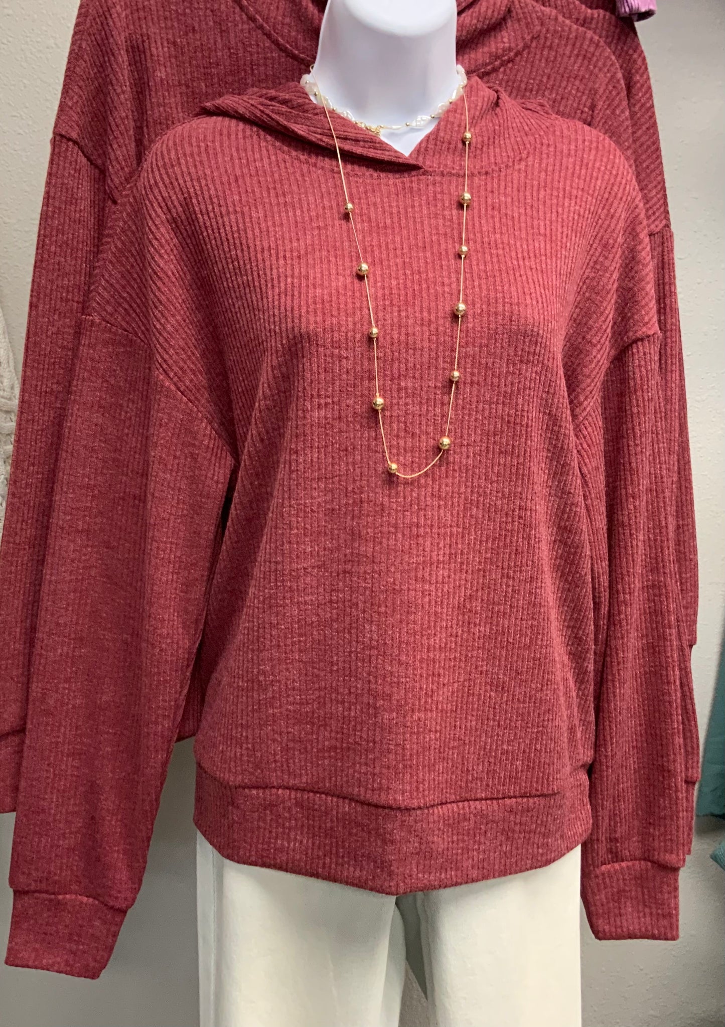 Ribbed Hoodie Pullover WINE