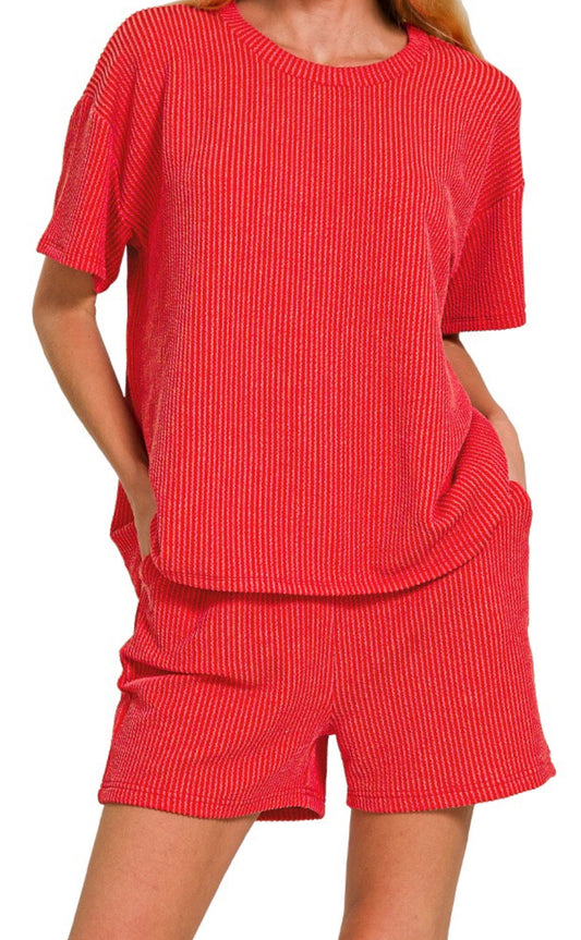 Ribbed Shorts/Top Set RED