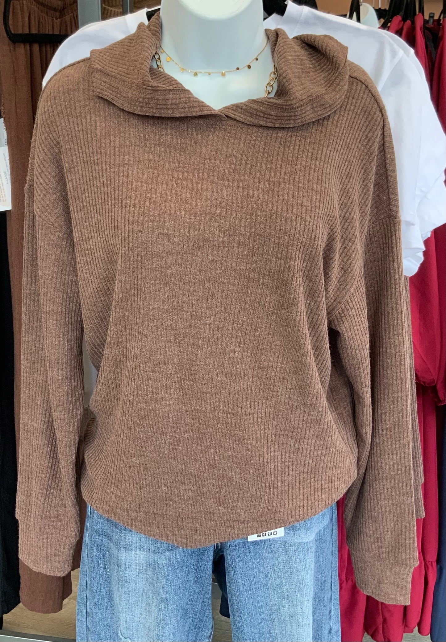 Ribbed Hoodie Pullover BROWN