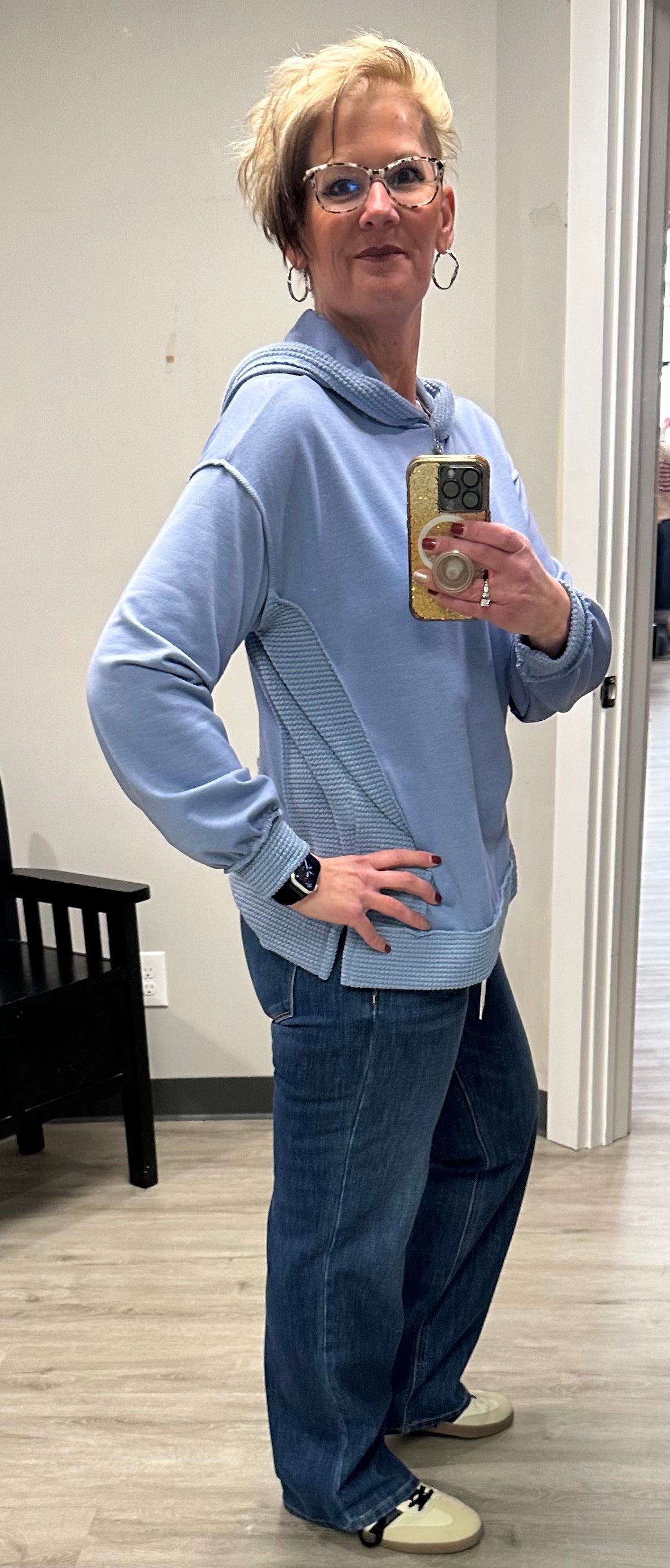 Terry Waffle Sweatshirt Hoodie CORNFLOWER