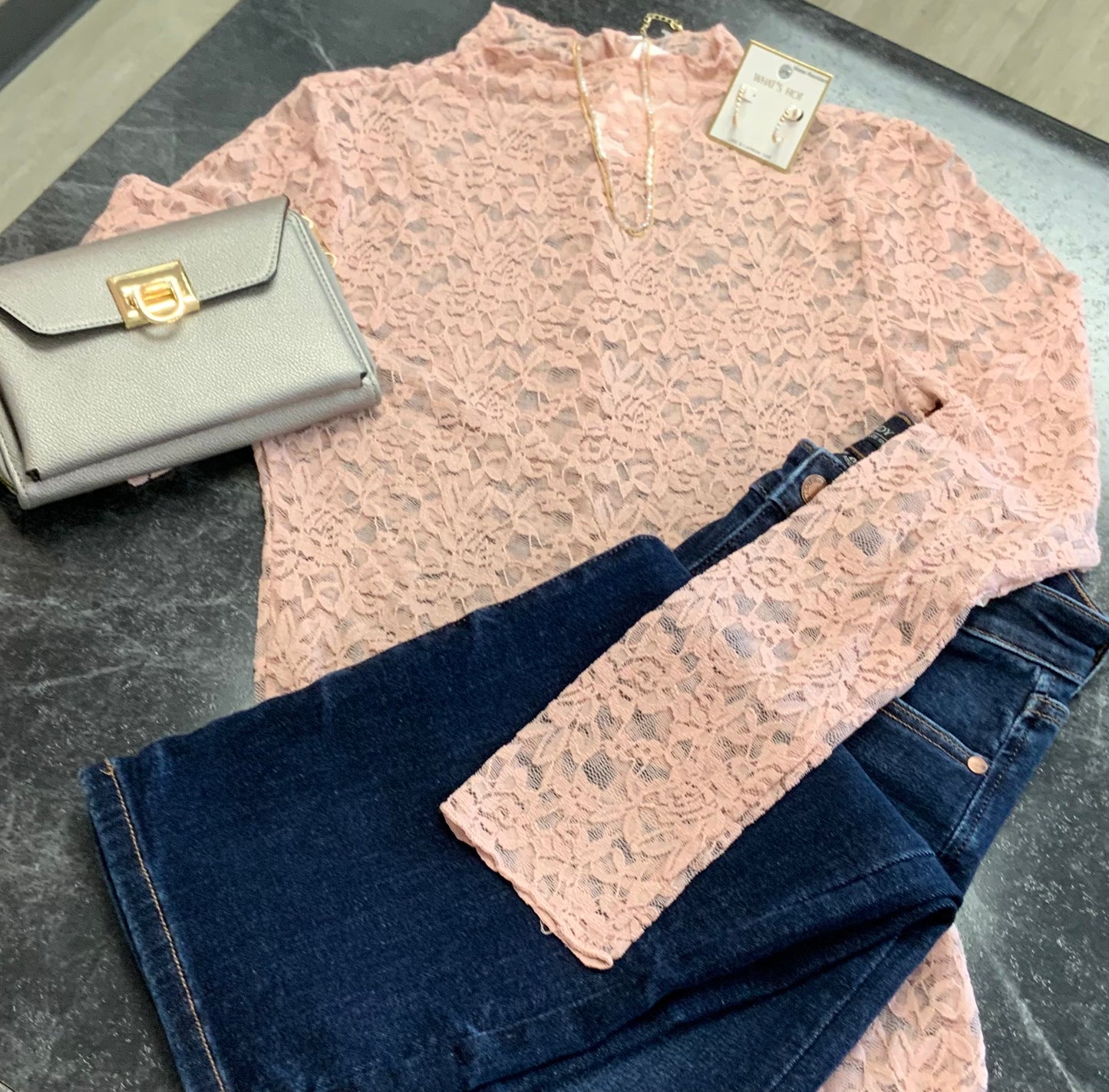 Lace Layering Mock Neck Top BLUSH