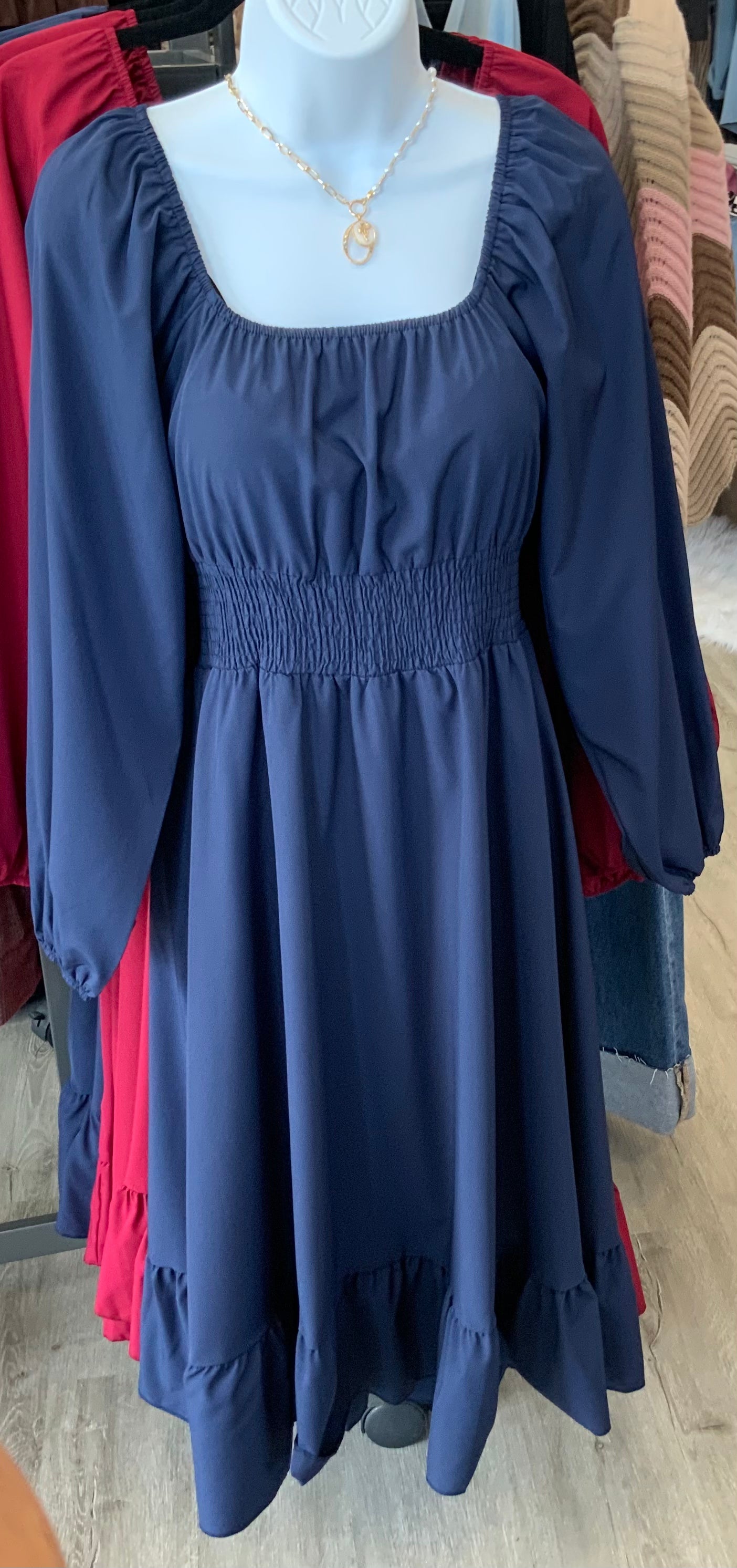 Square Neck Puff Sleeve Midi NAVY