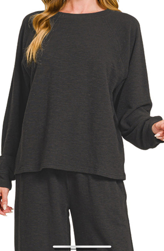 Slub Long Sleeve Top & Pants Set BLACK