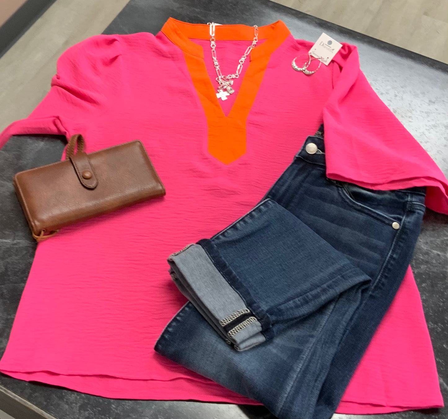 Pop of Color V~Neck Blouse FUCHSIA