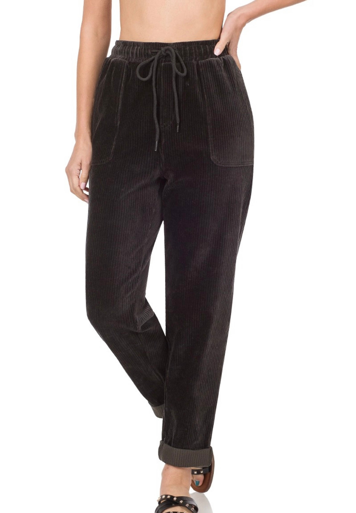 Velour Corduroy Cuffed Jeggings BLACK