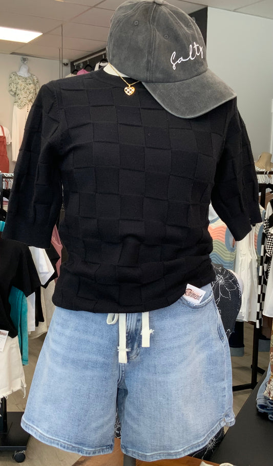 Checkered Short Sleeve Sweater BLACK