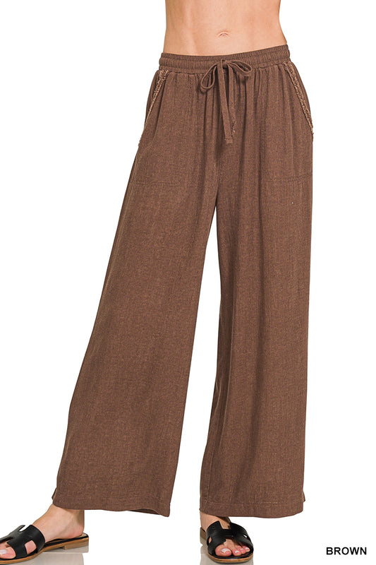 Pocketed Wide Leg Linen Blend BROWN