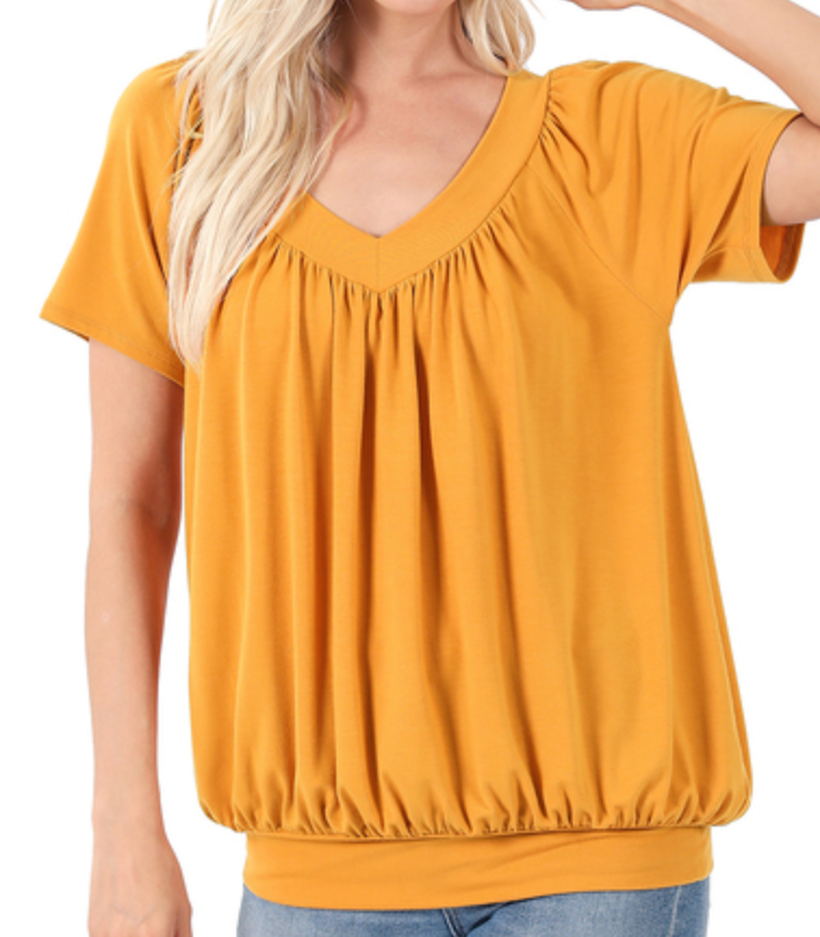 V-Neck Short Sleeve Shirring MUSTARD