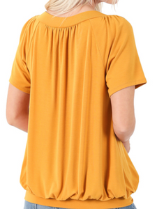 V-Neck Short Sleeve Shirring MUSTARD