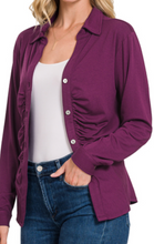 Load image into Gallery viewer, Stretchy Button Shirt W Ruched Detail PLUM
