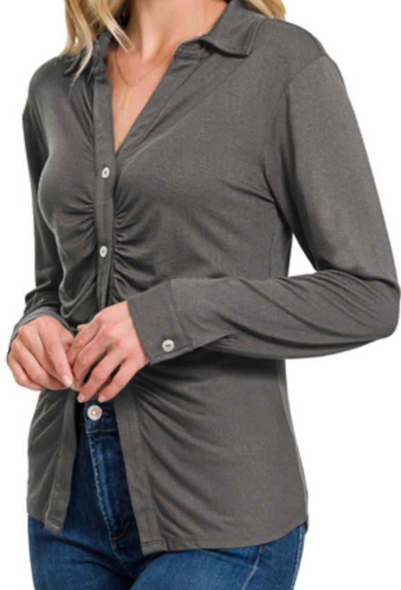 Stretchy Button Shirt W Ruched Detail GREY
