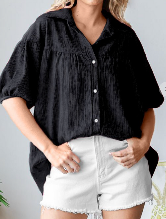 Shirred Button Down Blouse BLACK