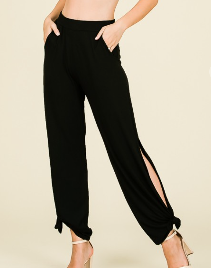 Split Side Tied Hem Pants BLACK